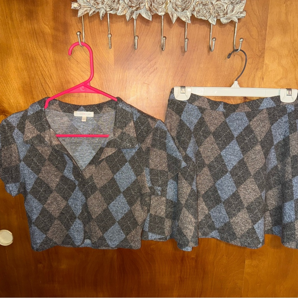 Ultra Flirt Blue, Pink, and Gray Plaid 2 Piece Cropped Skirt Set